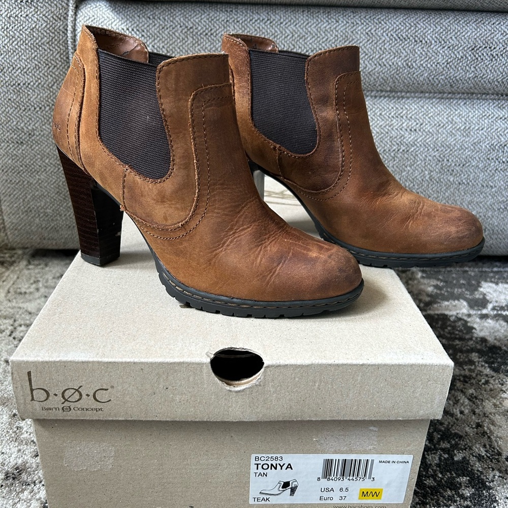 b.o.c. Brown Distressed Leather Stacked Heel Booties, 6 1/2